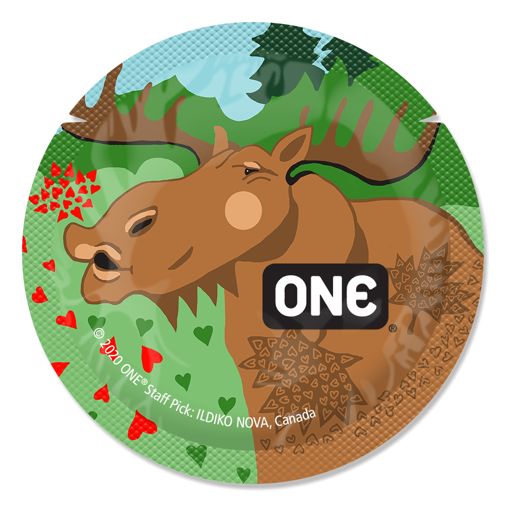 Circular design with a moose and 'ONE' logo against a forest background