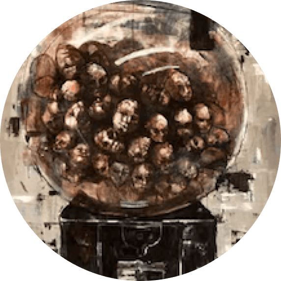 Gumball machine with gumballs shaped like skulls on a vintage background