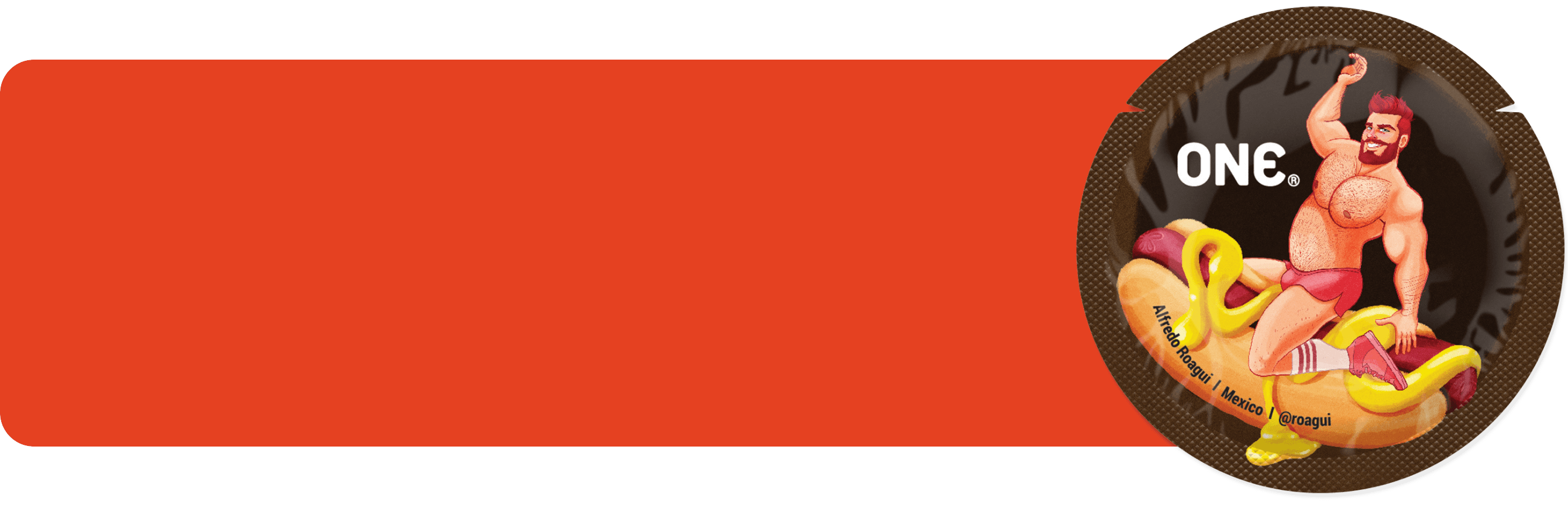 Circular logo with a muscular figure holding a hot dog, featuring the brand 'ONE.' on an orange background.