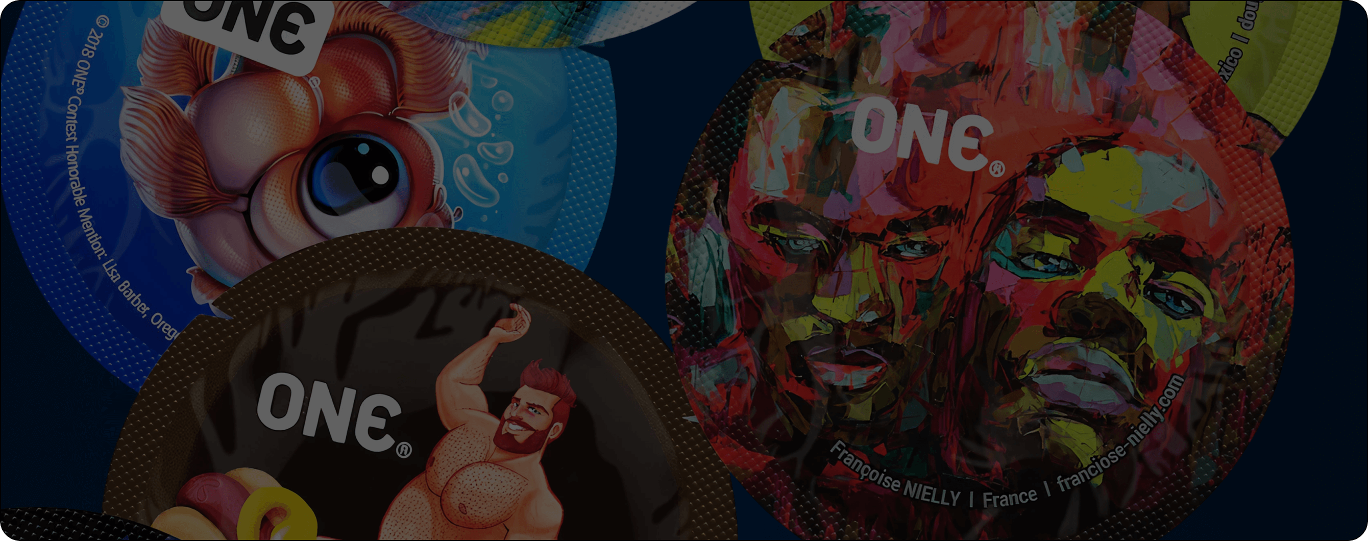 Collection of 'ONE' branded products including a mouse pad, t-shirt, and poster with colorful designs.