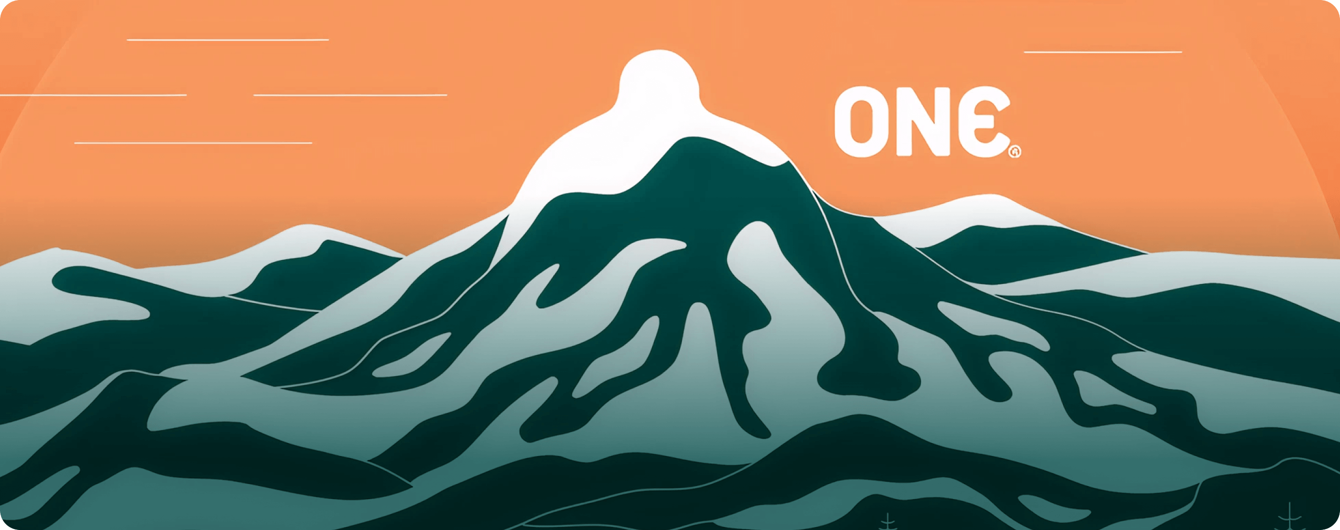 Mountain landscape with 'ONE' logo on an orange background