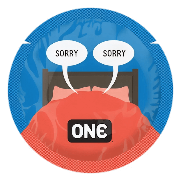 Red condom with 'ONE' branding and speech bubbles saying 'SORRY' over a blue circle background.