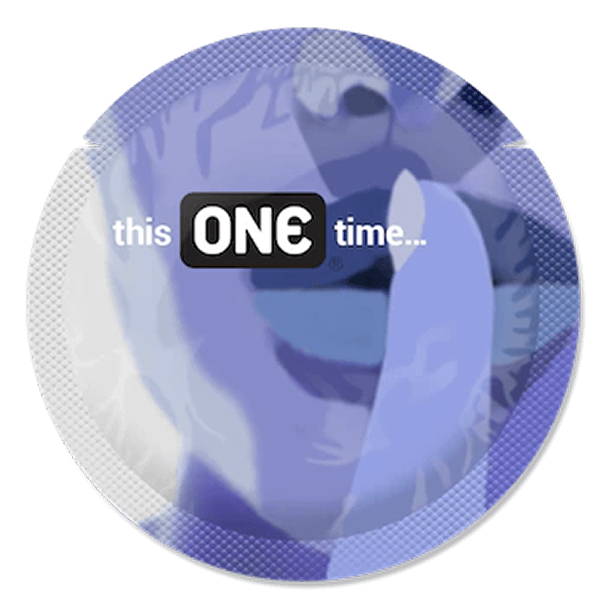 Condom package with 'this ONE time...' text on a black background