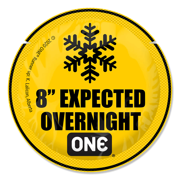 Round label with snowflake icon and text on a yellow background