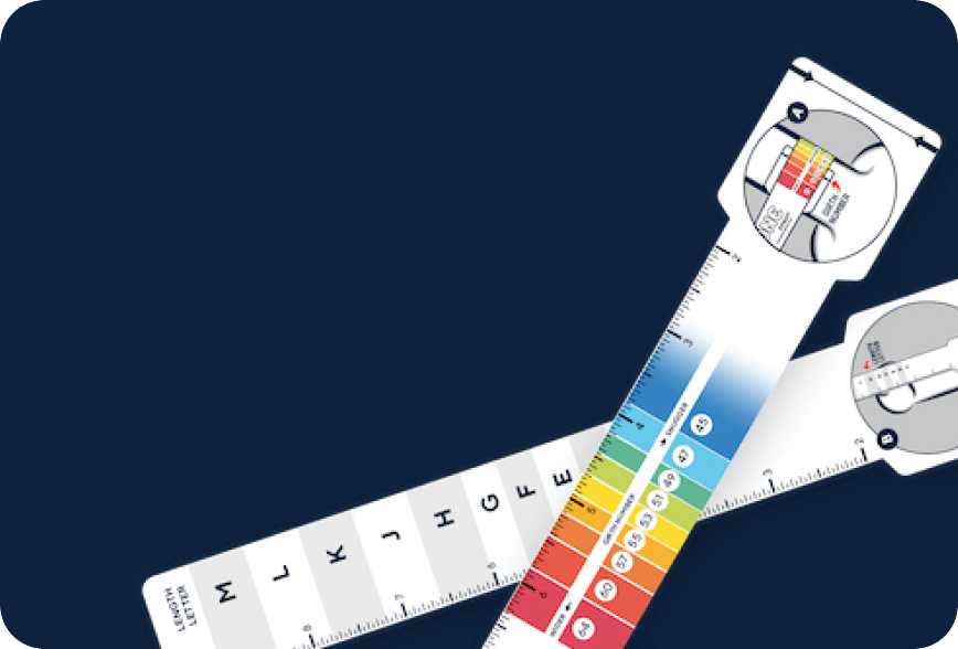 Color swatch chart with a ruler on a dark blue background
