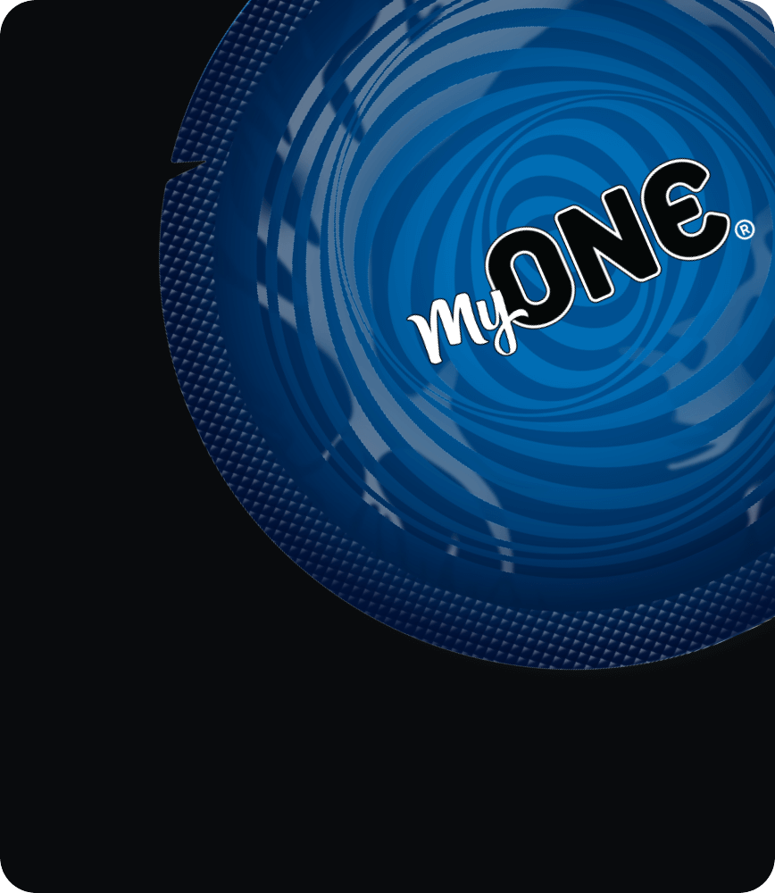 Blue ball with 'myONE' branding on a black background