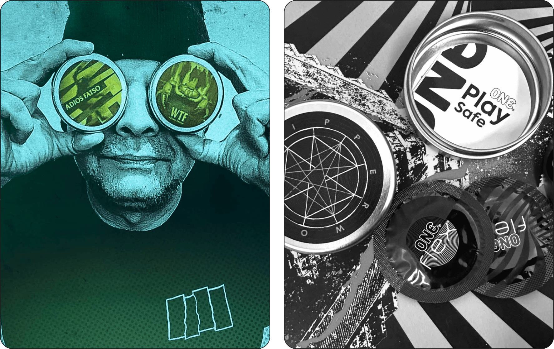 Two images: one of a person holding green containers with text, the other showing black and white containers with text and symbols.
