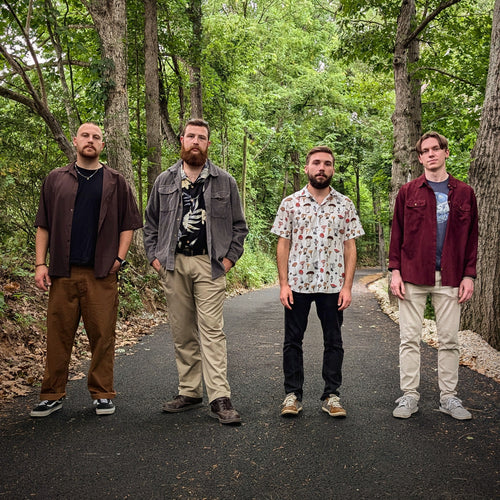 Image of Almost Honest - a ONE on Stage band. Four band members standing on path in woods. 