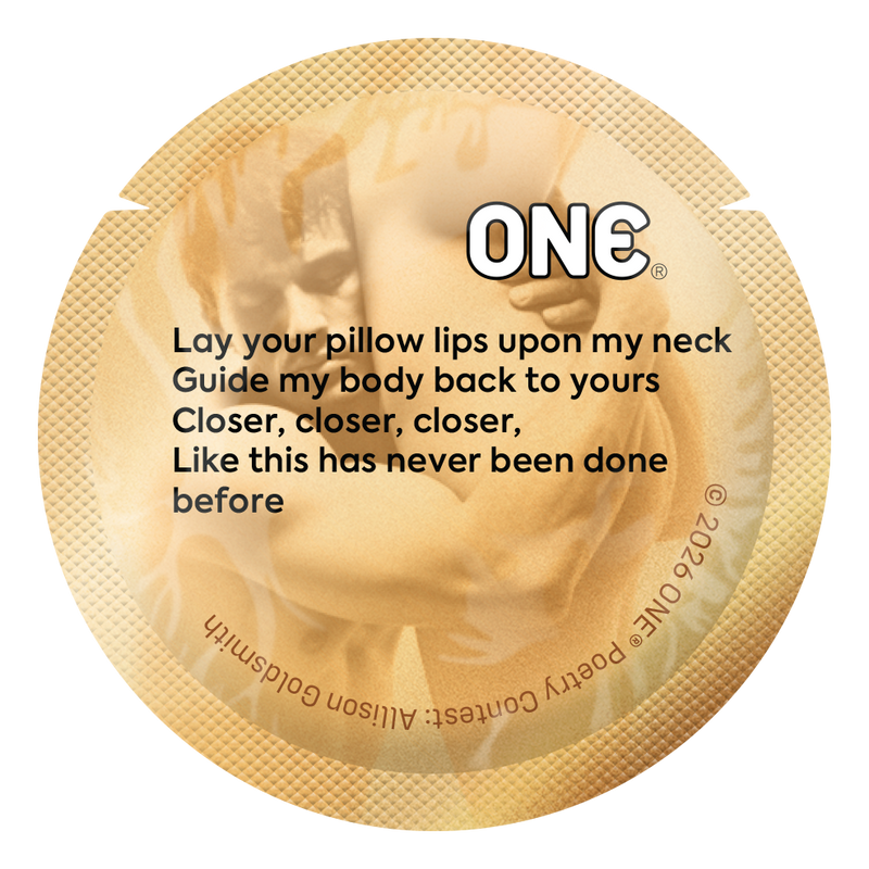 Gold condom wrapper with poetry contest winning poem.