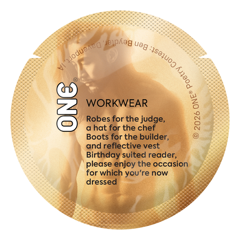 Gold condom wrapper with a whimsical poem comparing clothing for professions to condoms as occasion-specific protection.