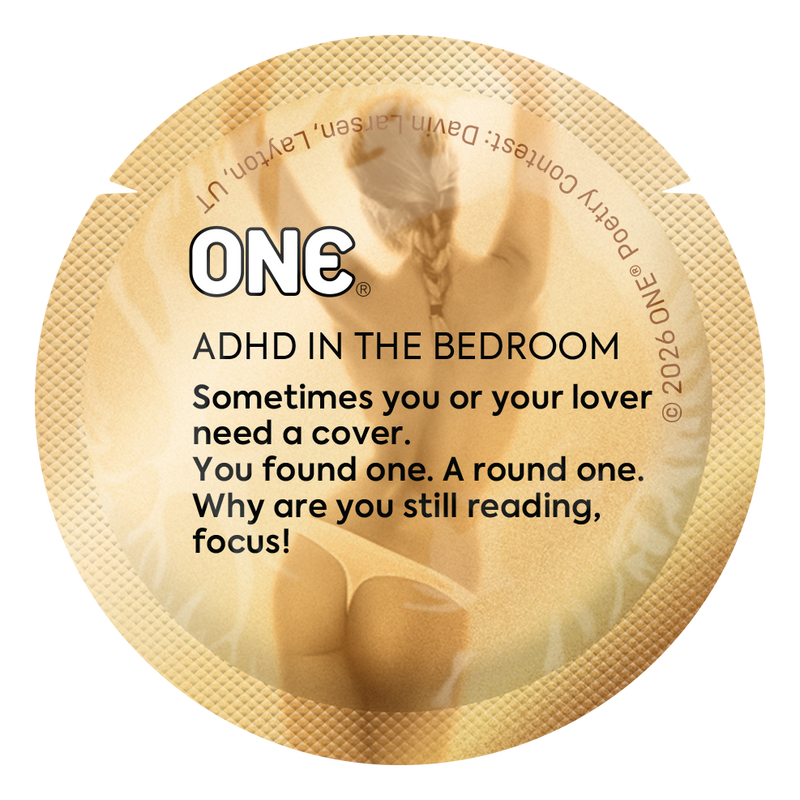 Gold condom wrapper featuring a short reflective poem about presence and intimacy in the moment.