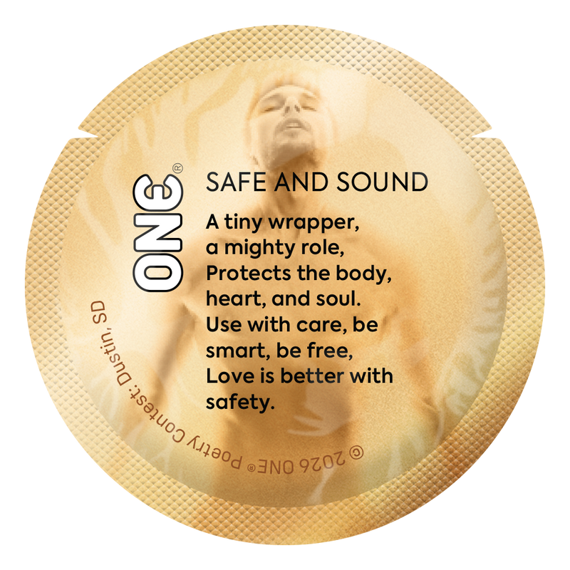 Gold condom wrapper featuring a poem that emphasizes safety, care, and emotional protection through condom use.