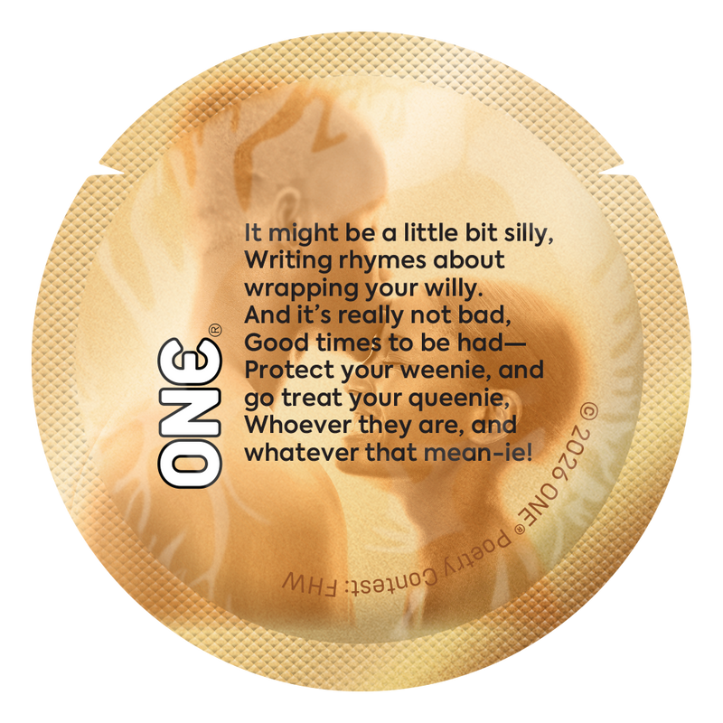 Gold condom wrapper with a humorous rhyming poem about protection, pleasure, and inclusive intimacy.