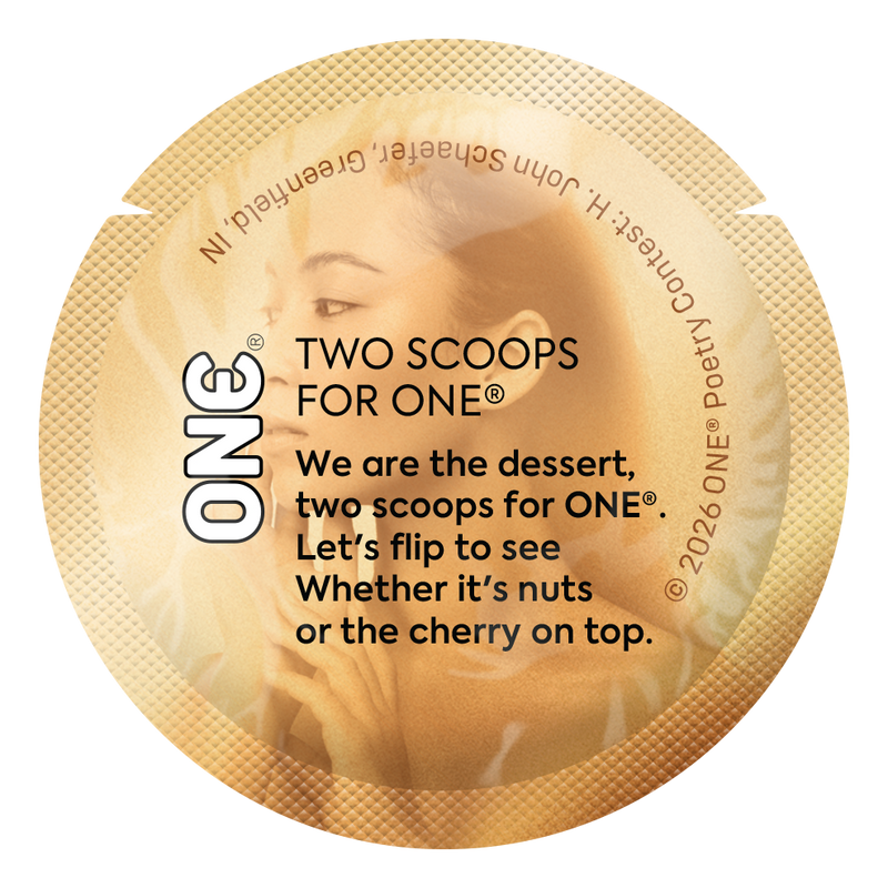 Gold condom wrapper with a playful dessert-themed poem using humor and wordplay to celebrate shared pleasure.