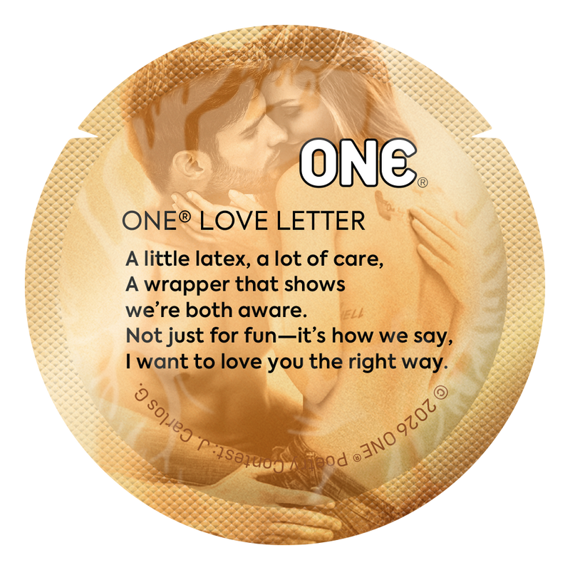 Gold condom wrapper featuring a poem framed as a love letter, highlighting care, awareness, and consent.
