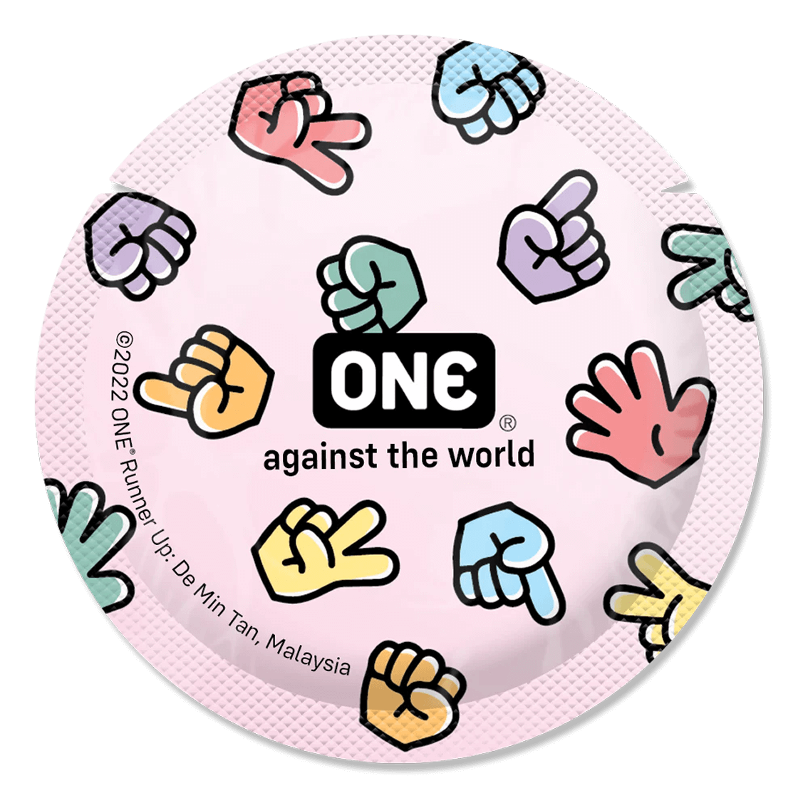 Circular design with colorful hand symbols and 'ONE against the world' text on a pink background.