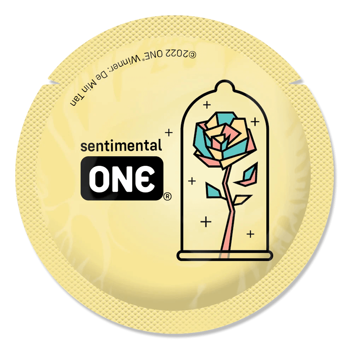 Condom package with 'sentimental ONE' branding and a colorful rose illustration on a beige background.