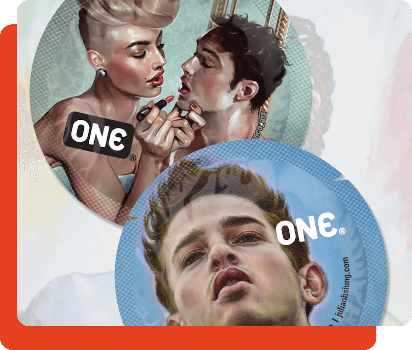 Condom packaging with artistic illustration of a woman applying lipstick to a man's face, featuring the brand 'ONE'.