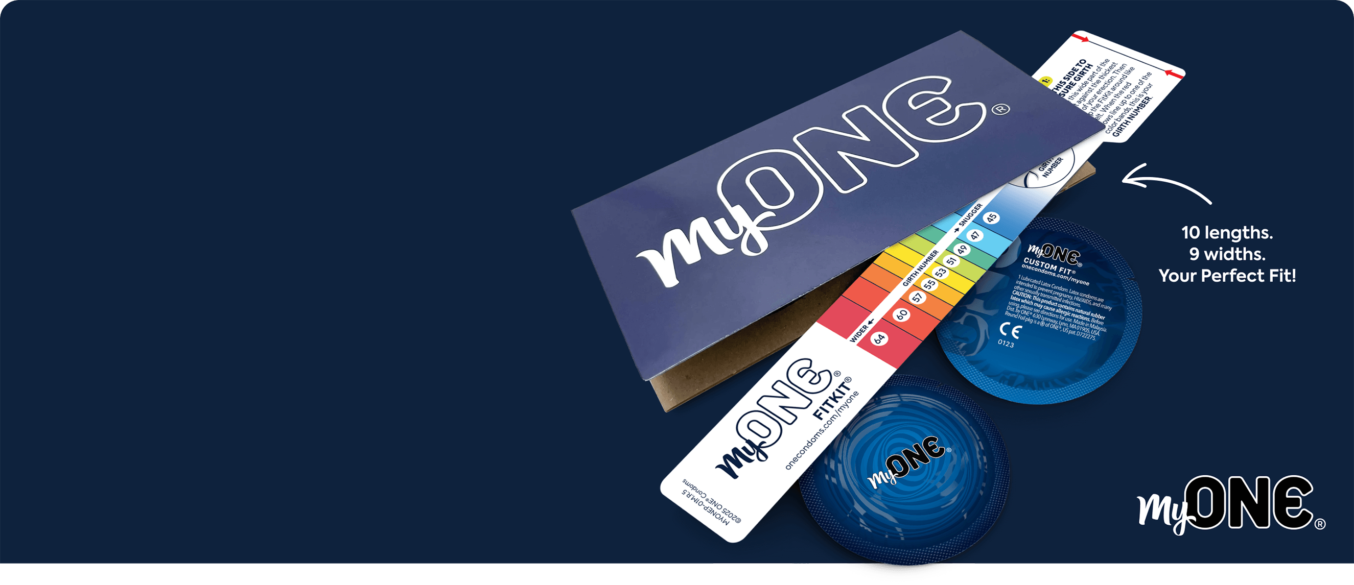 myONE condom packaging with multiple condoms on a dark blue background
