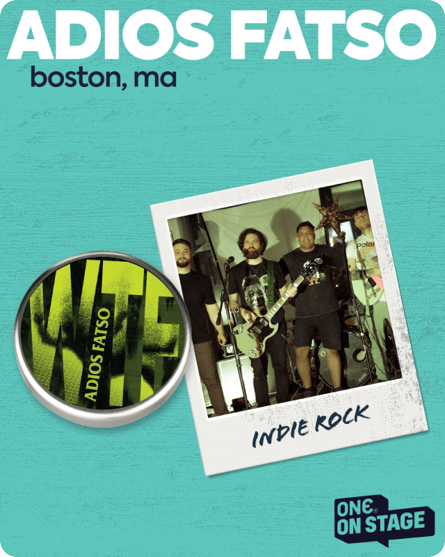 Promotional graphic for Adios Fatso featuring a band photo and button on a teal background.