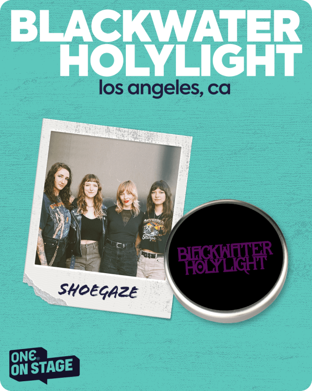 Promotional material for Blackwater Holylight featuring a photo of four women and a button with their logo on a teal background.