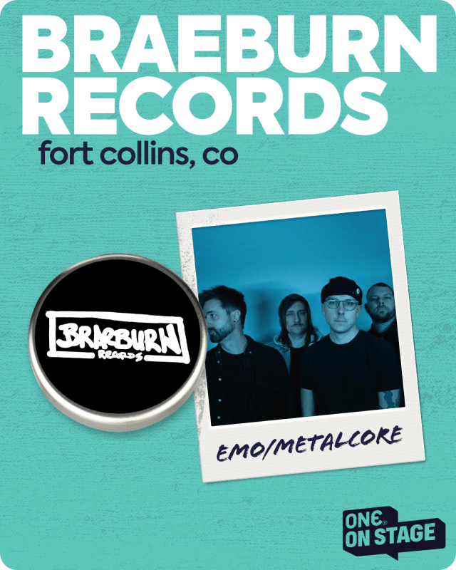 Branding for Braeburn Records with a logo, text, and photo of people on a teal background.